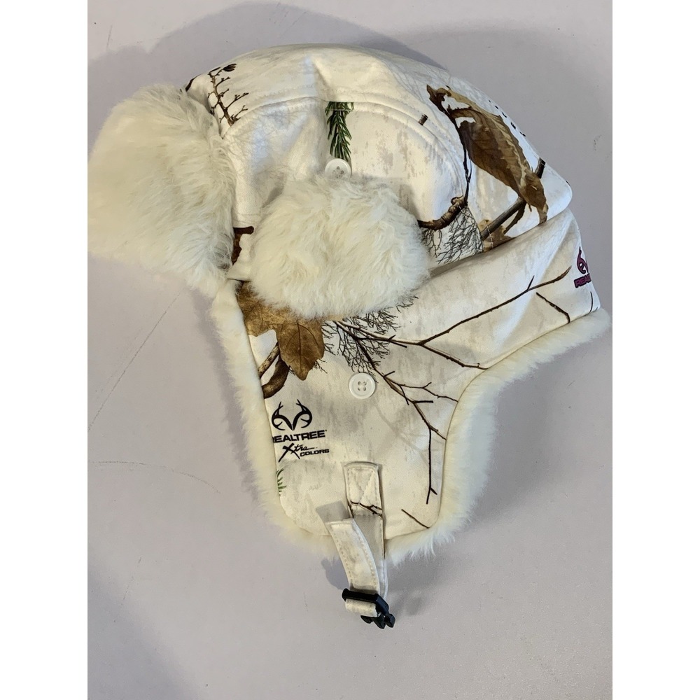 Realtree Snow Camo Trapper Hat White Faux Fur Aviator Bomber Ski Snowboard‎